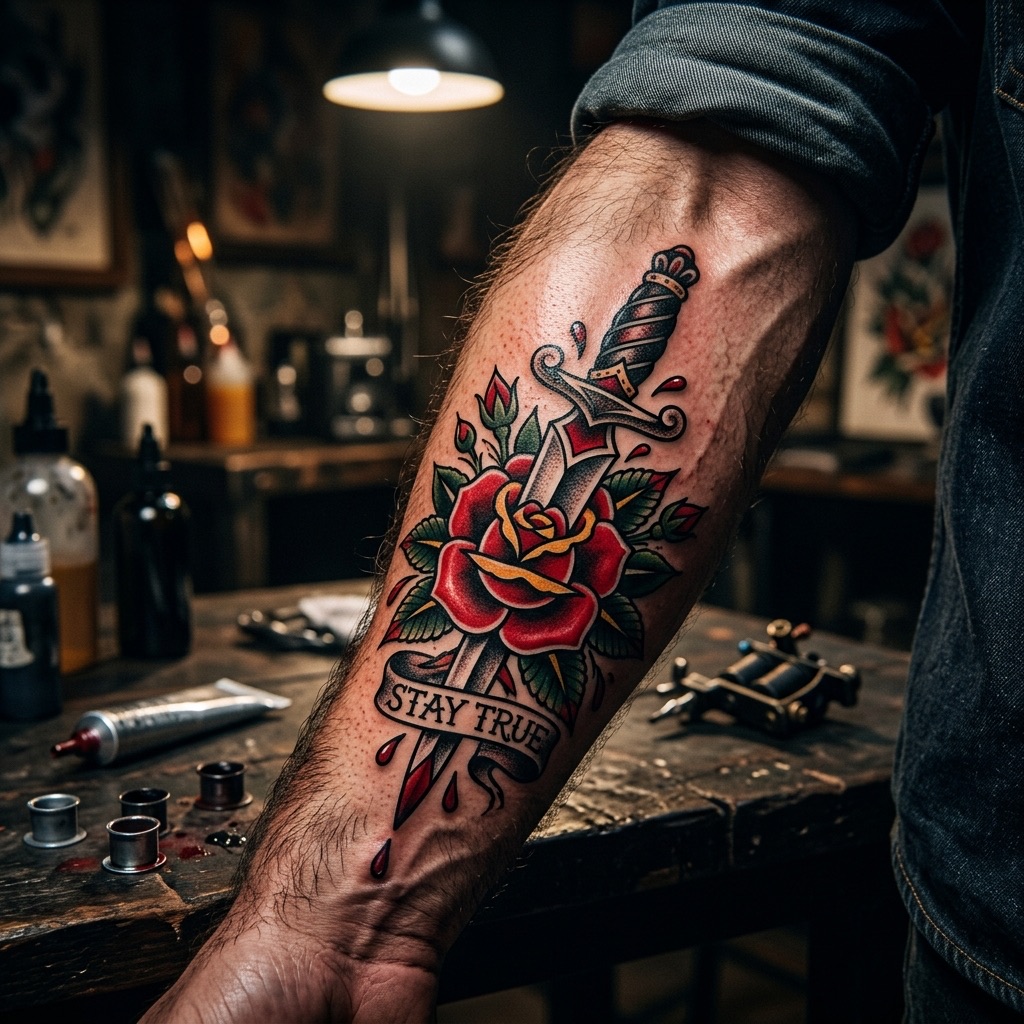 Traditional Rose Dagger Tattoo
